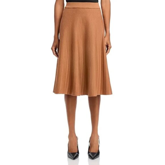 Nancy Yang Women Brown Ribbed Knit Cotton/Viscose A-line Midi Skirt Size L - Picture 3 of 6